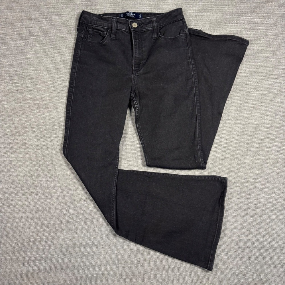 Hollister High Rise Flare Jeans‎ Black Slit Hem Stretch Denim W27 L29
